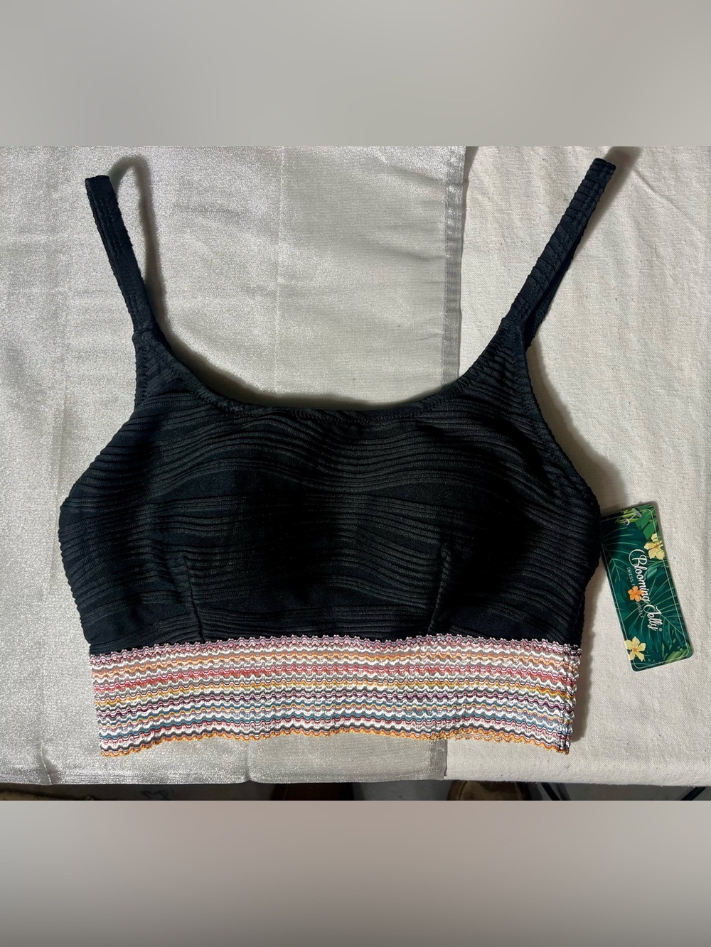 NWT! Blooming Jelly Black Cropped Bathing Suit Top with Multicolor Chevron Hem